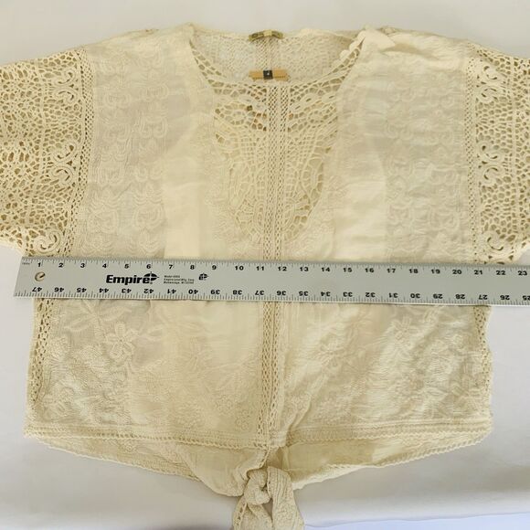 NWT Democracy Blouse Beige S Embroidered Open Crochet Lace Peasant Boho Cottage - Picture 7 of 10